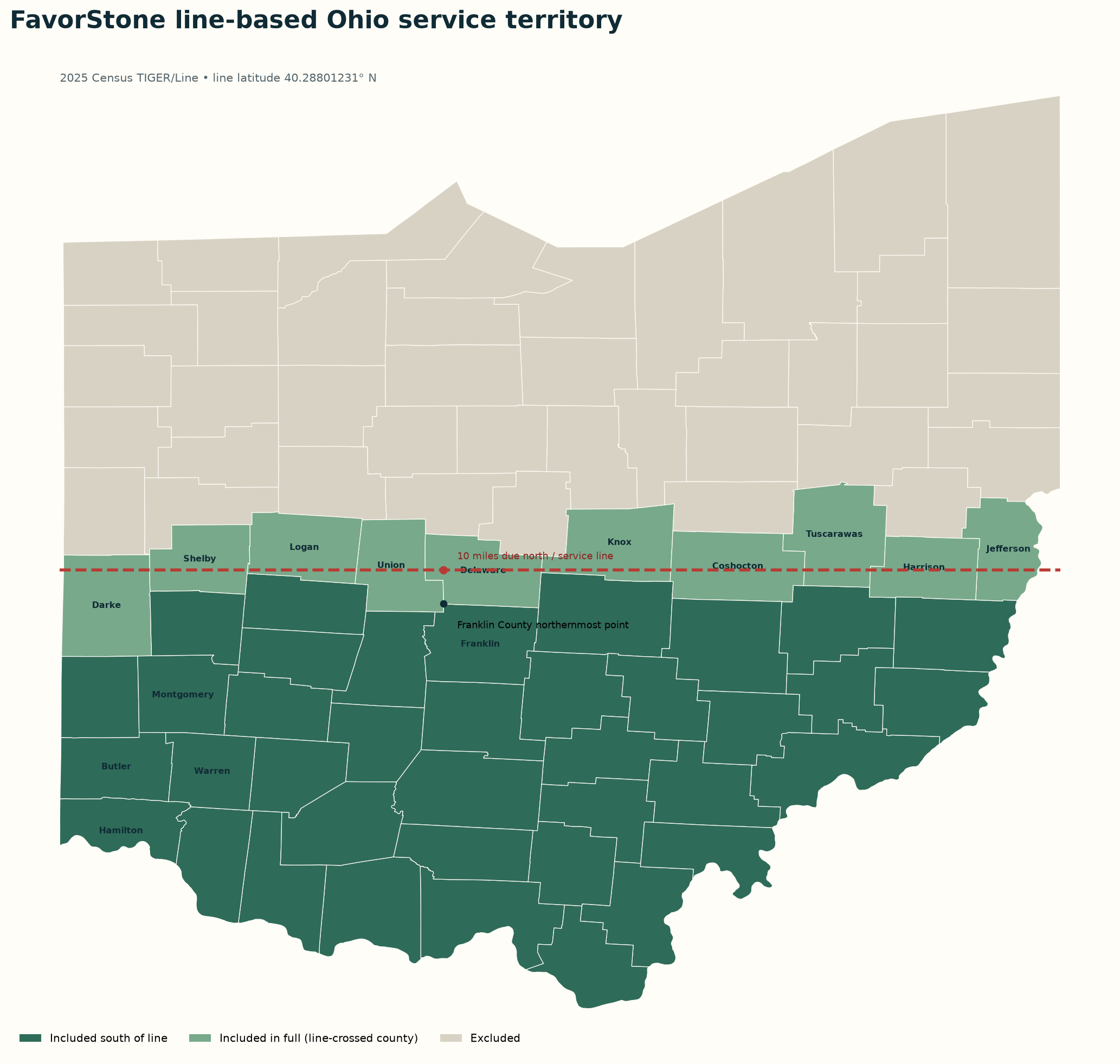 Ohio map showing 48 counties included in FavorStone's property acquisition territory